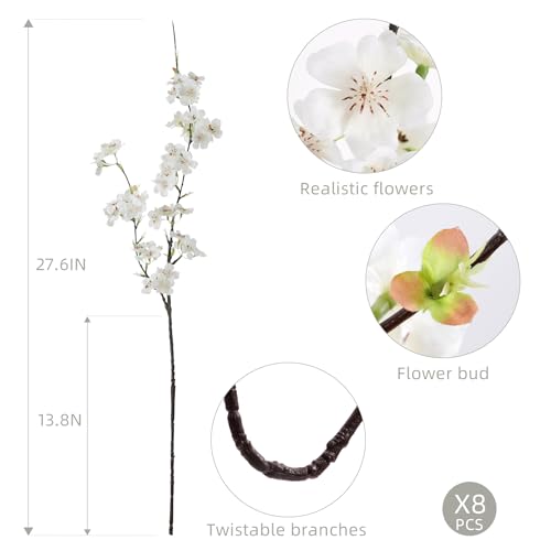 Artificial Cherry Blossom Branches 27.6In Silk Cherry Blossom Branches 8PCS Long Stem Artificial Flowers for Tall Vase, for Home Decorate, Weddings Decorate, Parties & Festival Gifts (White) - color: 8pcs White