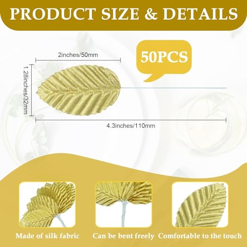 50Pcs Artificial Silk Leaf, Fabric Floral Fake Wire Crafts Leaves Faux Flowers for DIY Wedding Corsage Party Home Decoration Banquet and Christmas Hawaiian (Gold) - color: Gold