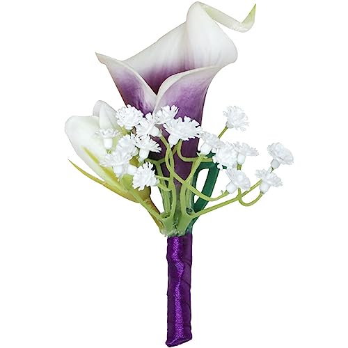 Calla Lily Boutonniere for Men Wedding with Pins, Artificial Purple Calla Lily Groom Groomsman Boutonniere Corsage Flower for Wedding Ceremony Anniversary Prom Party Suit Decor - color: Calla Lily Boutonniere Pack of 1