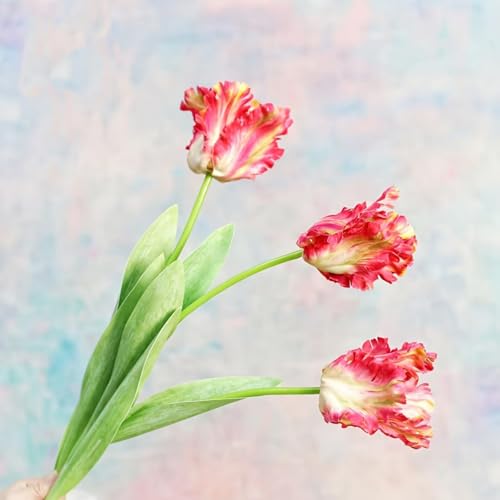 3Pcs 3D Parrot Tulips Artificial Flowers Faux Tulips Real Touch Long Stem Fake Tulips Bouquet for Home Office Wedding Table Decor 27.56" Tall-Red - color: Red