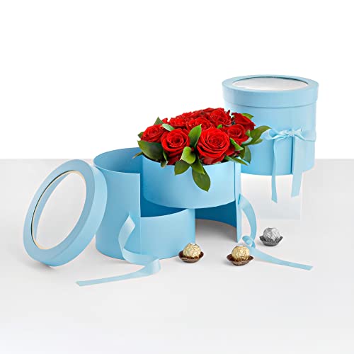 UNIKPACKAGING Premium Quality Round Flower Box, 2 TIER,Gift Boxes for Luxury Flower and Gift Arrangements, with Lids, Size 7.8 dia. x 7 inch, for Luxury Style Flower Arrangements (Ocean Blue) - color: Ocean Blue