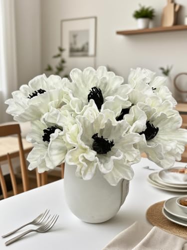 Artificial Poppy Flowers Bouquet High Quaulity Fresh Luxury Vintage PU Faux Silk Flowers - Large Real Touch Blooms for Wedding Birthday Home Decor Table Centerpiece Vase (6, White) - color: White