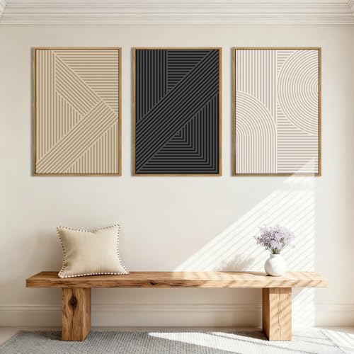 BINCUE Neutral Abstract Wall Art Mid Century Modern Wall Paintings Boho Artwork Geometric Wall Pictures Abstract Black Wall Decor Modern Neutral Art Prints for Living Room Bedroom Bathroom Office 16x24 Inch 3 Piece - color: Neutral Geometry, size: 24"L x