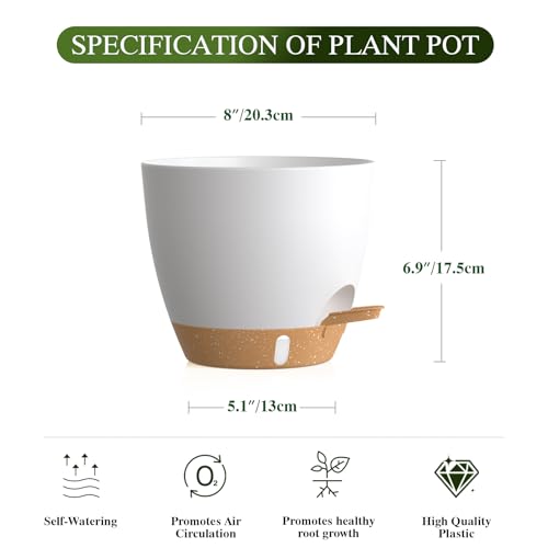Self Watering Pots with Drainage Holes, 2 Pack 8 Inch Plant Pots with Water Level Indicator Deep Reservoir, Large Plastic Planter for Indoor Outdoor Plants - White Brown - color: White Brown, size: 8 Inch 2 Pack