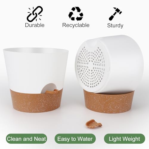 YNNICO 10 inch Plant Pots, Self-Watering Planters with Drainage Holes & Saucers for Indoor and Outdoor Plants (2-Pack,White - color: White, size: 10 inch
