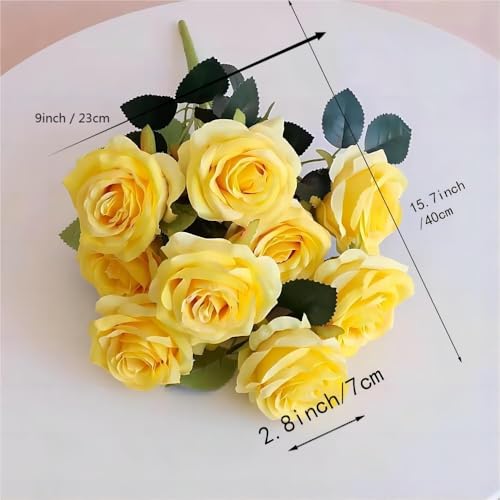 Jasion 4 Bundles Artificial Roses Flowers 10 Heads Arrangement Silk Bridal Bouquet for Home Office Parties and Wedding Decoration (Yellow 4pcs) - color: Yellow 4pcs