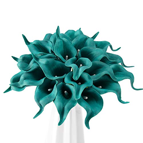Crafjie 22pcs 13.4 Inch Peacock Blue Lataex Real Touch Artificial Calla Lily Flowers, for Home Decor for Spring Flowers, Home Kitchen, Wedding Decorations, and centerpieces. - color: Peacock Blue