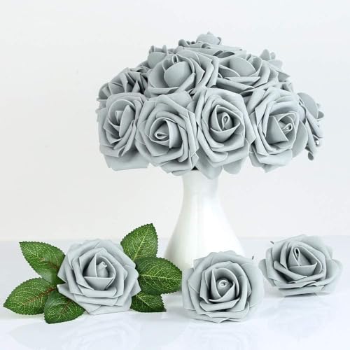 Higfra Artificial Flowers 50 Stems Realistic Roses - Lifelike Fake Flowers for Wedding Bouquets, Baby Shower Decor, Home Centerpieces, DIY Floral Arrangements (Grey, 50Pcs) - color: Grey, size: 50Pcs