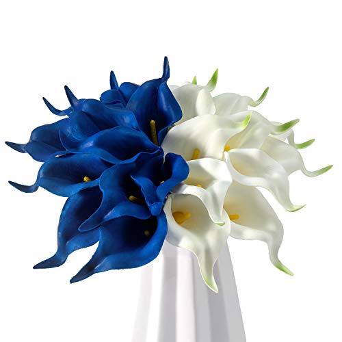 Crafjie 22pcs 13.4 Inch Lataex Real Touch Artificial Calla Lily Flowers, for Home Decor for Spring Flowers, Home Kitchen, Wedding Decorations, and centerpieces.（White and Navy Blue） - color: White and Navy Blue