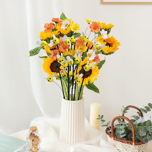 Watayo 15 Pcs Felt Bee Stems with Artificial Flowers Picks, Felt Honeybee Branches Floral Decorative Picks, Bees Daisy Stems Spray Vase Fillers for Table Centerpiece Tree DIY Craft Home Party Decor - color: Bees Flowers-15pcs