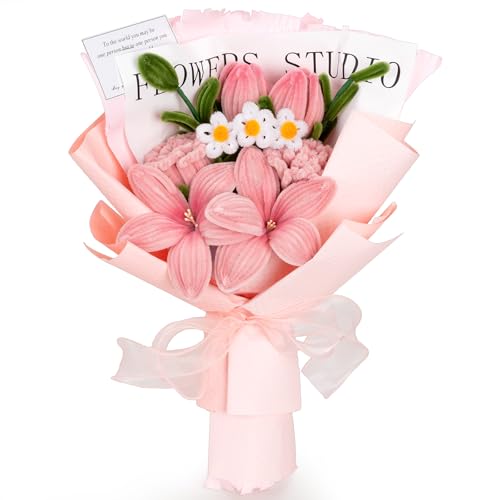 17.7inch Completed Pipe Cleaners Flowers Bouquet, Pink Handmade Pipe Cleaners Bouquet, 2 Tulip 2 Lily 2 Rose 3 Daisy 9 PCS for Valentine’s Day Mother's Day Birthday Anniversary Wedding Home Decor - color: (Pink）tulip Rose Lily