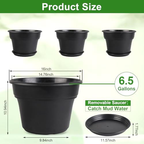 Myfeegoin 16-inch-Plant-Pots, 4 Pack Large Planters for Outdoor Plants, Plastic Flower Pots Indoor with Drainage Holes & Trays, Classic Garden Pot Container for House - color: Black, size: 16inch