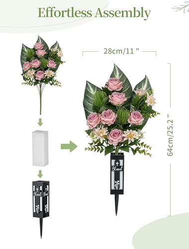 Cemetery Flowers for Grave Vase: 2 Pcs Pink Roses Realistic Memorial Day Flowers Bouquets - Spring Outdoor Grave Decorations - color: Dusty Pink