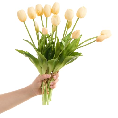 15 pcs Cream Tulips Artificial Flowers Faux Tulips Real Touch Latex Fake Flower Bouquet for Spring Wedding Home Décor Centerpiece Arrangements - color: Cream