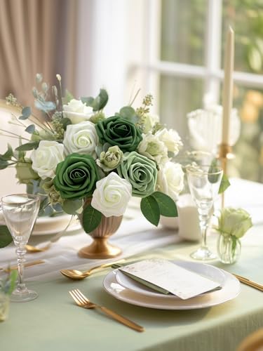 InnoGear Artificial Flowers, 50 Pcs Shades of Forest Green Rose Foam Fake Roses Bulk with Stems for Spring St. Patrick's Decoration DIY Wedding Bouquets Centerpieces Bridal Shower Party - color: Shades of Forest