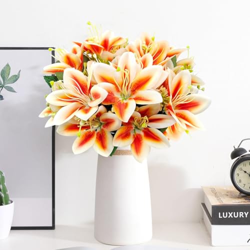 4 Bundles Artificial Tiger Lily Silk Flowers Faux Fake Lilies Plants for Wedding Bouquet Home Party Indoor Table Hotel Office Vases Floral Arrangements Outdoor Garden Decor (Orange) - color: Orange