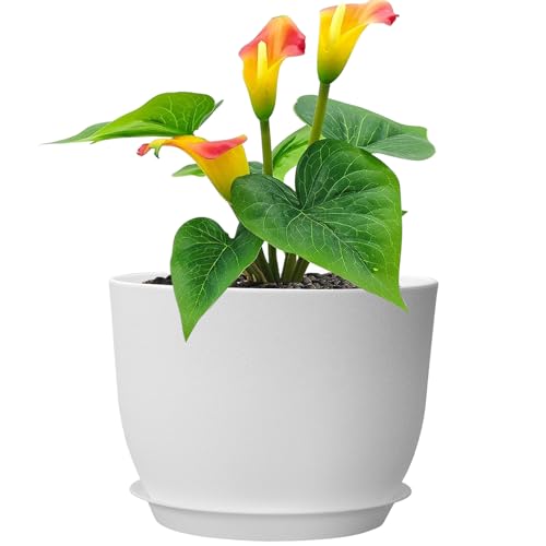 Meowell 12 inch Large Plant Pots, Plastic Planters with Drainage Holes and Saucers, Flower Pots for Indoor Outdoor Plants, Modern Decorative Pots for Garden House Plants, White - color: White, size: 12inch C