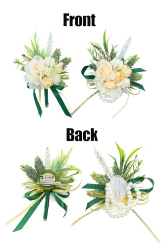 2 Pcs Wrist Corsage and Boutonniere Set, Champagne Corsage for Wedding, Boutonniere for Men Artificial Rose Flower Wristlet Bracelet Prom Ceremony Anniversary Accessories Decor Suit - color: Champagne