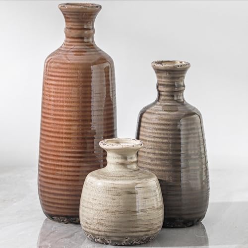 Ceramic Vases Set of 3, Neutral Rustic Farmhouse Vases Home Decor Decorative Flower Vase Modern Boho Pampass Vase for Table Mantel Entryway Shelf Living Room Kitchen Bathroom - Brown - color: 011 Vase Set - Brown