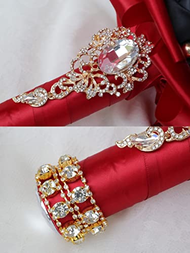 Burgundy & Black Bridal Wedding Bouquet, Luxury Gold Rhinestone Brooch, Satin Rose Artificial Flower, 8.3in - color: Burgundy & Black, size: Diameter: 8.3 inches