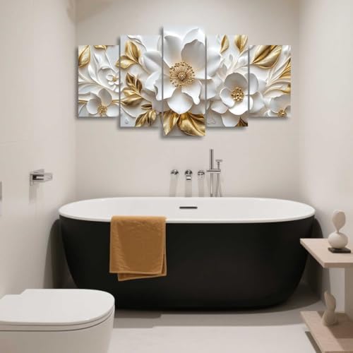 ZSHARTSWD 5 Panels White and Gold Flower Canvas Wall Art Abstract Floral Pictures Modern Blooming Flowers Prints Paintings for Living Room Hotel Decor Framed (16x24inx2 16x32inx2 16x40inx1) - size: 16x24inx2 16x32inx2 16x40inx1