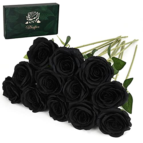 Waipfaru 12 Pcs Artificial Flowers Fake Silk Black Roses Bulk, Faux Real Touch Roses Bouquet with Long Stem for Wedding Party Home Decor (Black) - color: A-black, size: 12 Pcs