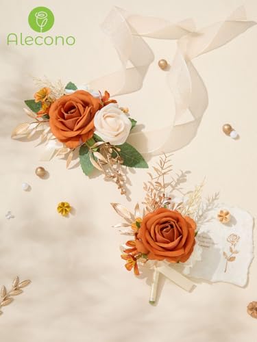Alecono Orange Corsage and Boutonniere Set, Rose Corsage Wristlet for Women and Boutonniere for Men Wedding Prom Flower Accessories Suit Decorations - color: Orange, size: Corsage and Boutonniere Set