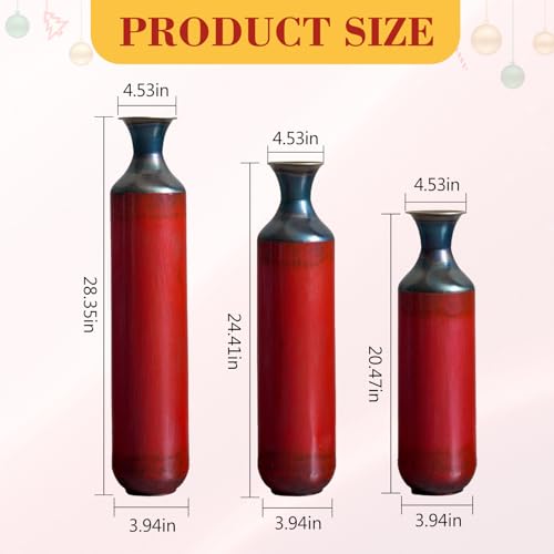 Metal Floor Vases Decorative, Set of 3 Flower Arrangement Stand, Metal Decorative Vase Tall Distressed Metallic Centerpiece Vases, 28.35", 24.41", 20.47" H (Red) - color: Red