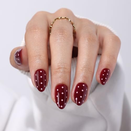32Pcs Soft Gel Press on Nails for Women, Red Polka Dot, Short Almond | Retro Valentine Red Polka False Fake Nails Press Ons for Christmas Wear, Salon Quality Reusable Glue & Stick on Nail Gift Kit - color: 3F-Red Polka Dot