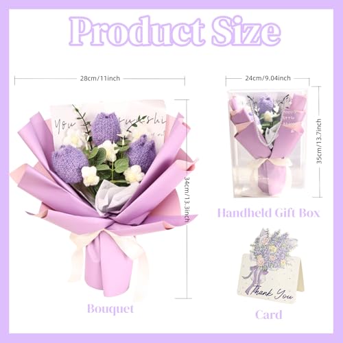 Crochet Flowers Bouquet for Her Handmade Crochet Tulips Artificial Eucalyptus Includes Handheld Gift Box and Card for Home Decor Anniversary Birthdays Mother's Day Graduation Gifts (Purple) - color: Purple