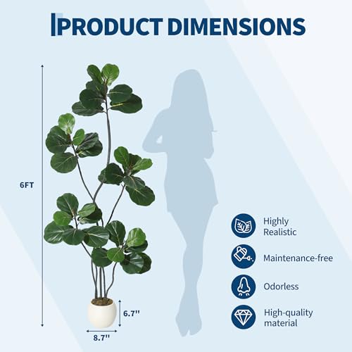 GarveeHome 6FT Artificial Fiddle Leaf Fig Tree Realistic, Potted Fake Ficus Lyrata Plant with Adjustable Boughs & Modern Planter for Home Office Decor Indoor - color: Green 6ft