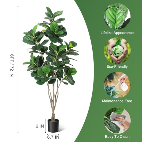 IDEALHOUSE 6FT Artificial Fiddle Leaf Fig Tree, Fake Fiddle Leaf Fig Plant with Realistic Leaves, Potted Faux Tree for Indoor Home Office Living Room Decor, 72 Inch - size: 6ft