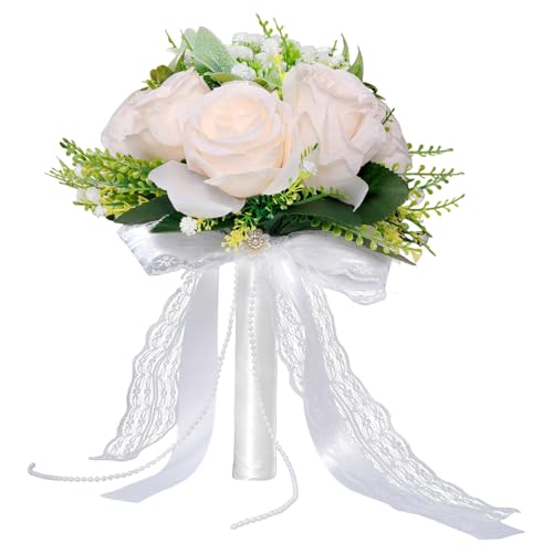 Faylapa Wedding Bouquets for Bride Bridesmaid, 7.87 Inch Champagne Artificial Roses Flowers for Wedding Valentine's Day Church Home Decoration - color: Champagne, size: 7.87 inch rose bouquet