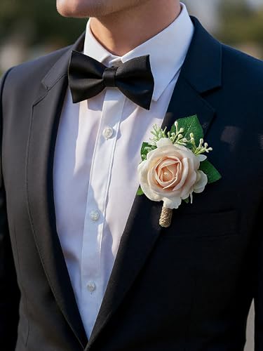 Champagne Rose Corsage and Boutonniere Set Wristlet Corsage for Bride Bridesmaids, Boutonniere for Groom Groomsmen Prom Wedding Flowers Accessories,Homecoming, Anniversary, Graduation (Champagne) - color: Champagne