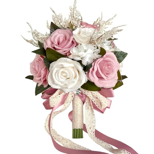 9 Inch Dusty Pink Wedding Bouquets for Bride Bridesmaid, Artificial Fake Roses Flowers Champagne Ivory Pastel Pink Bridal Bouquet Spring Fall Boho Rustic Wedding Decoration Toss Bouquet Prom - color: Dusty Pink