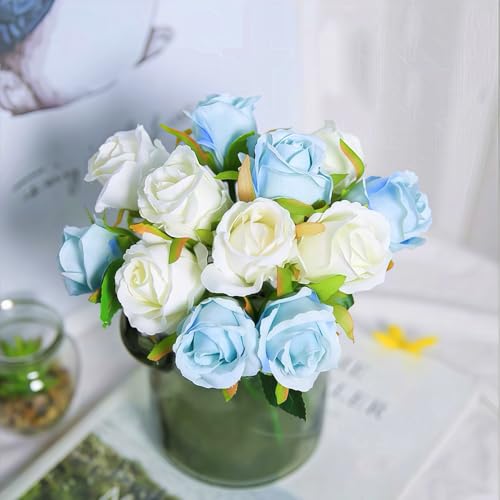Jasion Artificial Roses Flowers 12 Heads Arrangement Silk Bouquet for Home Office Parties Bridal and Wedding Decoration (Blue and White) - color: Blue and White
