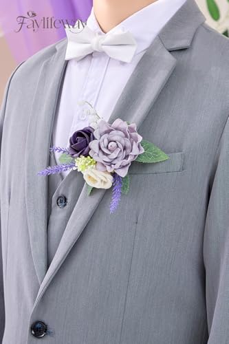 Rose Purple Corsage and Boutonniere Set for Wedding Prom(Set of 2),Artificial Flower Wrist Corsage Bracelets for Women Homecoming, Boutonniere for Men Suit Decorations Party Anniversary - color: Purple, size: 1 Corsage & 1 Boutonniere