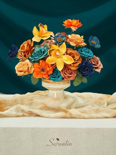 Serwalin Teal Burnt Orange Artificial Flowers, Fake Silk Cake Flowers for DIY Wedding Bridal Bouquet Centerpieces Floral Arrangement Decor Party Baby Shower Fall Home Decor - color: B Teal Orange, size: 1 Box