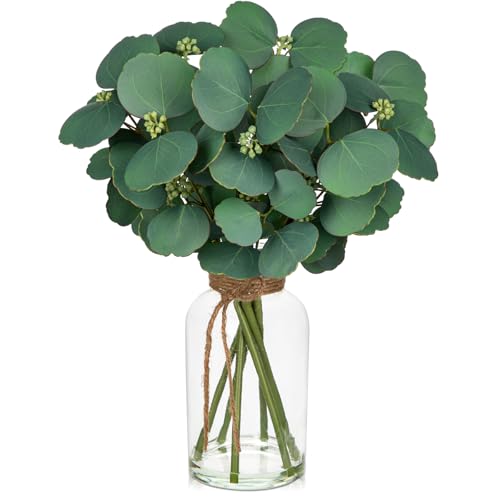 Fake Real-Touch Eucalyptus in Glass Vase with Faux Water – Realistic Faux Greenery Decor, 15.4" Tall, Artificial Silver Dollar Eucalyptus Arrangement for Home, Farmhouse, Kitchen, Bathroom, Office - color: Green