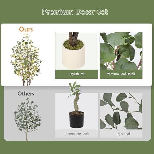 GarveeHome Artificial Eucalyptus Tree, 6 ft Tall Fake Artificial Plant with White Planter，Large Faux Floor Plant Fake Silk Trees Artificial Trees for Home Decor Indoor - size: 6ft