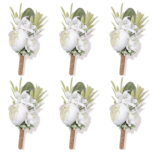 6Pcs Faux Silk Boutonnieres for Men, Ivory and Greenery for Wedding | Artificial Boutonniere for Wedding Anniversary Homecoming Prom Formal Party Engagement Graduation for Groom and Groomsmen - color: White3# Boutonniere(6 Piece)