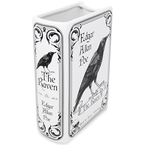 Steel Mill & Co Original Large Book-Shaped Decorative Vase, Ceramic Vases for Home Decor, Gothic Bookshelf Decor, Unique Vase for Book Lovers (The Raven - White)