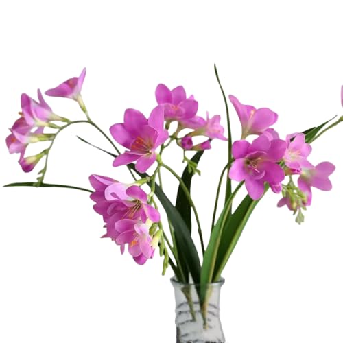 4pcs Freesias Flowers Artificial with Long Stem,24"Real Touch Dendrobium Plants Fake Orchid Leaves,Faux Larkspur Flowers for Outdoor Table Garden Party Wedding Bouquet Fillers,Patio Decor (Hot Pink) - color: Hot Pink