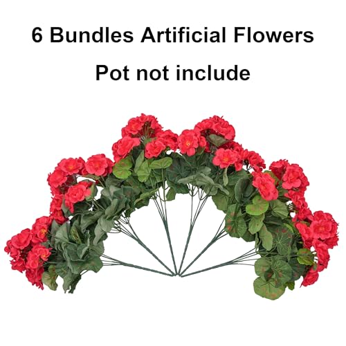Fake Geraniums Artificial Flowers for Outdoors Outside, 6 Bundles Red Silk Geraniums Fake Flowers Plants Realistic UV Resistant Faux Flowers for Outdoor Planters Garden Balcony Yard Porch Indoor Decor - color: Red