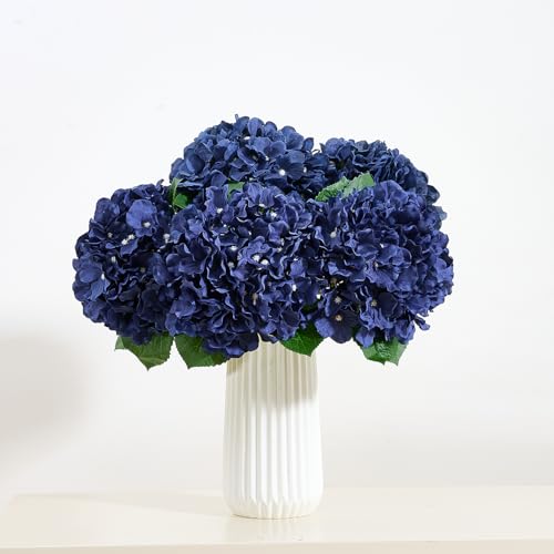 8Pcs Navy Blue Fake Flowers Silk Hydrangea Artificial Flowers Bouquets Faux Hydrangea Stems for Home Table Centerpieces Wedding Party Decoration - color: Navy Blue