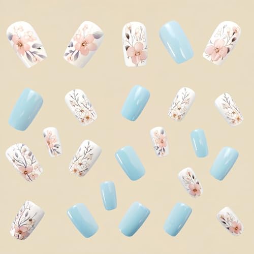 Flower Press on Nails Short Square Fake Nails Blue False Nails with Pink Floral Designs Glossy Full Cover Stick on Nails Glue on Nails Flower Nails Acrylic Nails for Women Girls 24 Pcs - color: Flower Square22