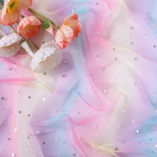 Iridescent Moon and Stars Gauze Table Runner 120 Inch 10FT Rainbow Tulle Silver Sequin Glitter Table Runner Colorful Dining Wedding Rainbow Birthday Decorations Unicorn Decor Holiday Home Party - color: Rainbow, size: 10 ft × 1 pc