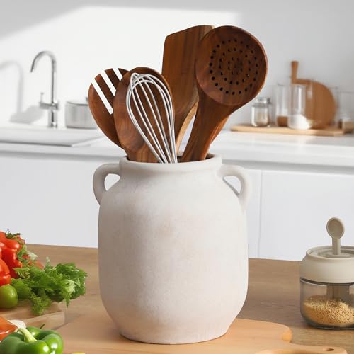 Ceramic Flower Vase Home Decor - 7.6 Inch Farmhouse Rustic White Table Vases with Handle Living Room Decoration Decorative Vintage Pottery for Kitchen Shelf Coffee Dining Desk Bookshelf Fireplace - color: A-7.6" Rustic