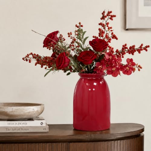 hjn Red Ceramic Vase Modern Minimalist Table Centerpiece, Round Smooth Flower Holder for Living Room, Shelf, Mantel, Wedding & Home Decor-8.3" H - color: Red