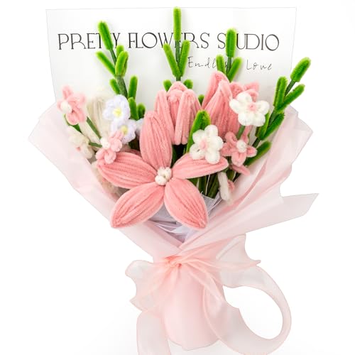 Completed Pipe Cleaners Flowers Bouquet, Pink Handmade Pipe Cleaners Bouquet, 3 Tulip 1 Lily 13 Daisy 17 PCS for Valentine’s Day Mother's Day Birthday Anniversary Wedding Home Decor Gifts - color: (Pink） Tulip Lily